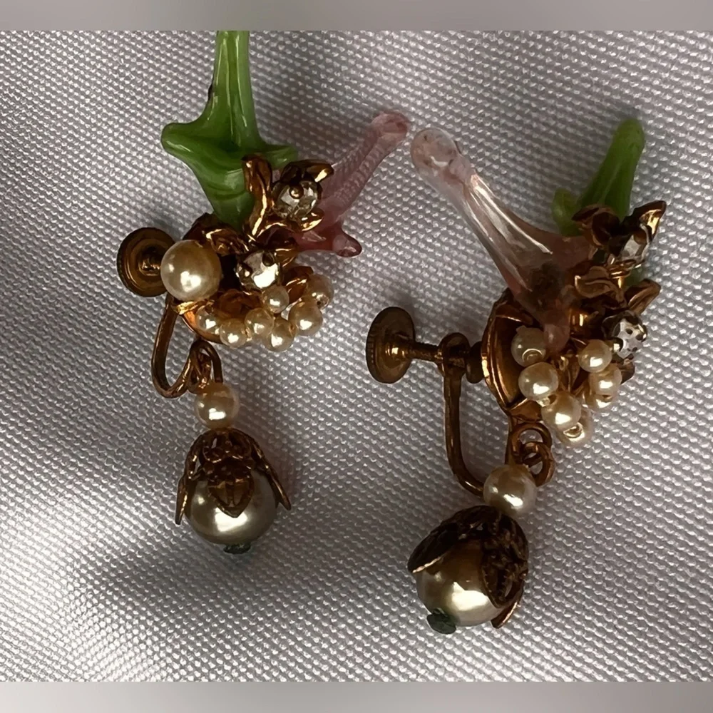Vintage Rare Early Miriam Haskell Robert Brass Filigree glass leaf Earrings Set